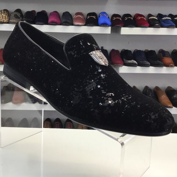 Platini Black Velvet Sequined Shimmer Slip-On Loafer Dress Shoes Men's Size 7 - Picture 1 of 16